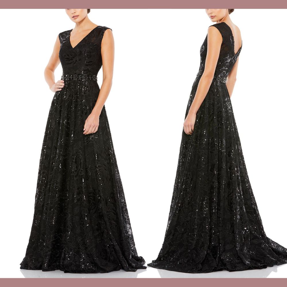 Nwt $698 Mac Duggal [ 6 ] Roses Embroidered Cap Sleeve A-Line Gown Black #G1641